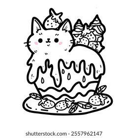 Vector image of a cute cat cake in a kawaii style decorated with strawberries and whipped cream. It is ideal for decorating the kitchen, menu or dessert graphics.