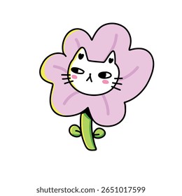 Vector image of a cute cat wearing a big daisy hat with beautiful kawaii style petals. Perfect for typography design with cute characters.
