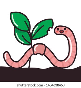 Vector image, cute character, cartoon. The image of a worm, a rain worm on the soil, priming. Bite of grass, greenery, wood, bush, leaf, teeth mark. Print for card, poster, children's clothing, fabric