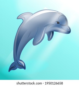 A vector image of cute Dolphin is swimming under clear blue water, while the sunlight from above ocean shining into the sea. Illustration art project.