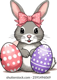 A vector image of a cute Easter bunny with Easter eggs, which is suitable for printing on clothes, postcards.