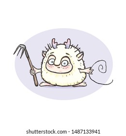 vector image of a cute fluffy round monster with big eyes and ears horns, funny plush toy isolated on white background, eps 10 yellow purpure violet