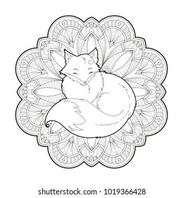 Vector image of a cute fox design isolated on a white background. Wild furry animal on mandala background