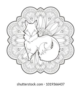 Vector image of a cute fox design isolated on a white background. Wild furry animal on mandala background