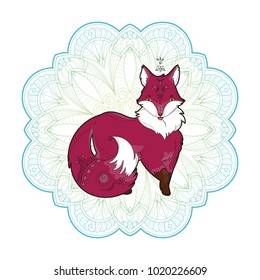 Vector image of a cute fox design isolated on a white background. Wild Animal with sacred geometry in mandala background