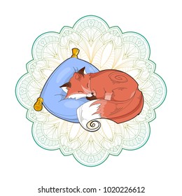 Vector image of a cute fox on a pillow isolated on a white background. Pet animal on mandala background