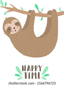 Vector image of a cute funny sloth on the branch with hearts. Hand-drawn cartoon illustration for child, tropical summer, holiday, card, banner, print, poster, baby, nursery, fabric. Happy time