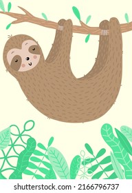 Vector image of a cute funny sloth on the branch on the yellow background. Hand-drawn cartoon illustration for child, tropical summer, holiday, card, banner, print, poster, baby, nursery, fabric