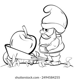 Vector image of a cute garden lawn dwarf or gnome in hoodie with carriage with apple fruit. Children coloring page in black lines.