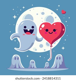 vector image of a cute ghost who has love and spreads love with a beautiful moon background. can be used to support Valentine's Day differently from others