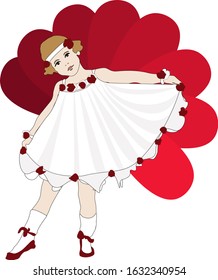 vector image. cute girl on a background of red flower. dance.