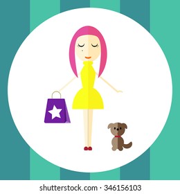 Vector image of cute girl with pink hairstyle. Shopping.