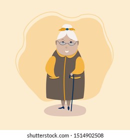 Vector image of a cute grandmother in glasses, with a cane.