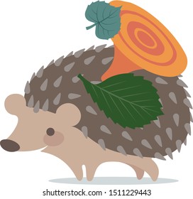 Vector image of a cute hedgehog on a white background. Hedgehog with leaves and mushroom on the back smiling