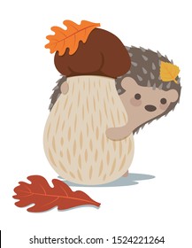 Vector image of a cute hedgehog on a white background. Hedgehog peeps from behind a mushroom