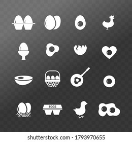Vector image. Cute hen and eggs icons. Food solid icons.