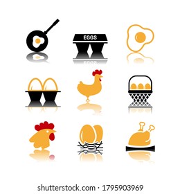 Vector image. Cute hen and eggs icons. Food solid icons.