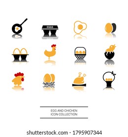 Vector image. Cute hen and eggs icons. Food solid icons.