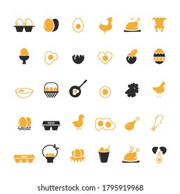 Vector image. Cute hen and eggs icons. Food solid icons.
