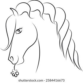 Vector image of a cute horse with a flower in its teeth. Horse muzzle isolated on white background