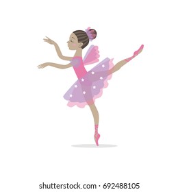 Vector image of a cute little ballerina girl in a pink dress. Perfect for printing on clothing, stickers, postcards, posters, etc.