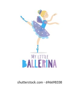 Vector image of a cute little ballerina blue in a pink dress. Perfect for printing on clothing, stickers, postcards, posters, etc.
