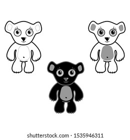 vector image, cute, little bear, black, white, gray, kids, three bears, cartoon character, set,