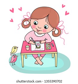 Vector image of a cute little girl who draws a picture of mom. Gentle illustration for design of postcards, invitations, posters and prints.