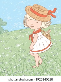 Vector image of a cute little girl walking on chamomile meadow on summer day