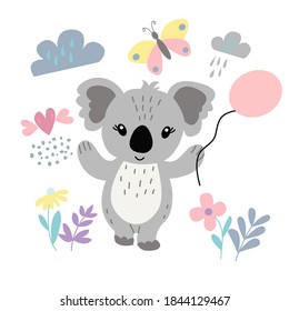 Vector image of cute little koala bear with elements of butterfly, leaves, flowers, ball on a white background. For the design of posters, postcards, prints for t-shirts, covers, wrapping paper, mugs.
