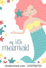 Vector image of a cute little mermaid with pink hair with starfishes underwater. Sea hand-drawn illustration for girl, birthday, holiday, summer party, greeting card, print, clothes.