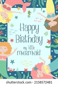 Vector image of cute little mermaids, seaweed, starfish, crab, seahorse, fish underwater. Sea hand-drawn illustration for girl, birthday, holiday, summer party, card, print, poster, clothes