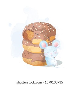 Vector image cute little mouse eating donuts delicious flavors, Chocolate happily.Character illustration cartoon animal hand painted.Delicious bakery and hungry mice.