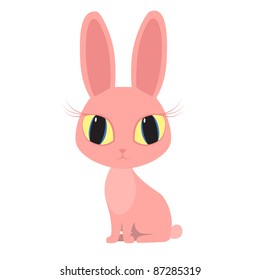 Vector image. Cute little pink bunny rabbit sits big blue yellow eyes