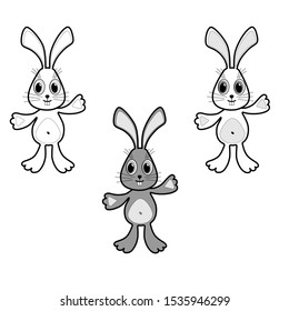 vector image, cute, little rabbit, vector image, cute, black, white, gray, kids, three rabbits, cartoon character, set,