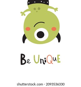 vector image of cute monster and lettering text