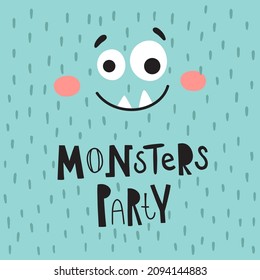 vector image of cute monster and lettering text