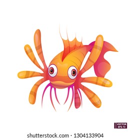 Vector image. Cute orange lion-fish. Cartoon character Devil firefish or common lionfish.