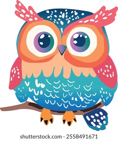 Vector image of a cute owl perched on a branch.