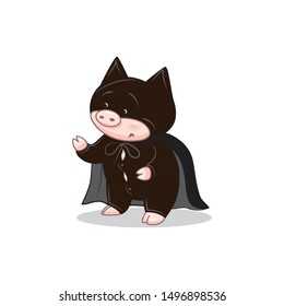 vector image of a cute pig in flight with a cloak sticker icon of a funny batman pig in a black mask cloak in flight, karate isolated on white eps 10 humor