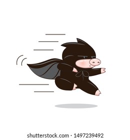 vector image of a cute pig in flight with a cloak sticker icon of a funny batman pig in a black mask cloak in flight, karate isolated on white eps 10 humor