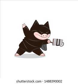 vector image of a cute pig who takes a selfie in a black carnival costume, sticker icon of a funny batman pig in a black mask cloak in flight, karate isolated on white eps 10 humor