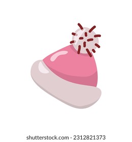 Vector image of cute pink hat with pompom.  Isolated clipart, in pastel colors, on a white background.