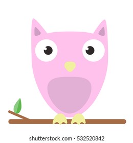 Vector image of a cute pink owl sitting on tree branch on white background