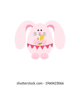 Vector image of a cute pink rabbit egg with a tulip in its paws. Image of a character for Easter, decorating cards, posters, congratulations.