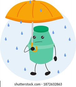 vector image. cute plastic bottle character illustration for fermented milk. green. in the rain wearing an umbrella. for symbols, logos, icons, backgrounds, wallpapers, web, pc or android applications