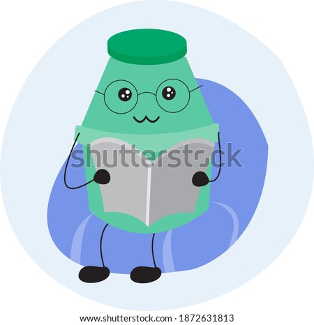 vector image. cute plastic bottle character illustration for fermented milk. green. reading book. for symbols, logos, icons, backgrounds, wallpapers, web, pc or android applications, clothing 