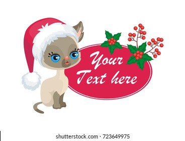 Vector image of a cute purebred kitten in cartoon style. Children's Christmas illustration.