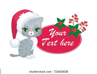 Vector image of a cute purebred kitten in cartoon style. Children's Christmas illustration.