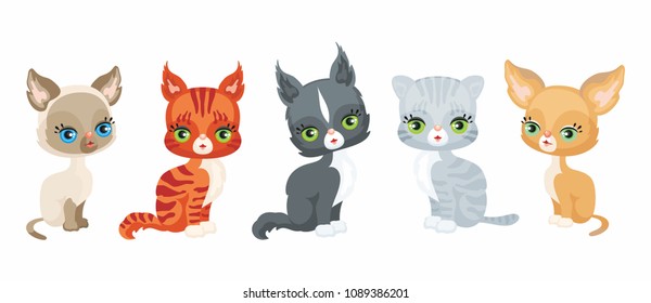 Vector image of a cute purebred kittens in cartoon style. Colorful illustrations isolated on a white background. Set.